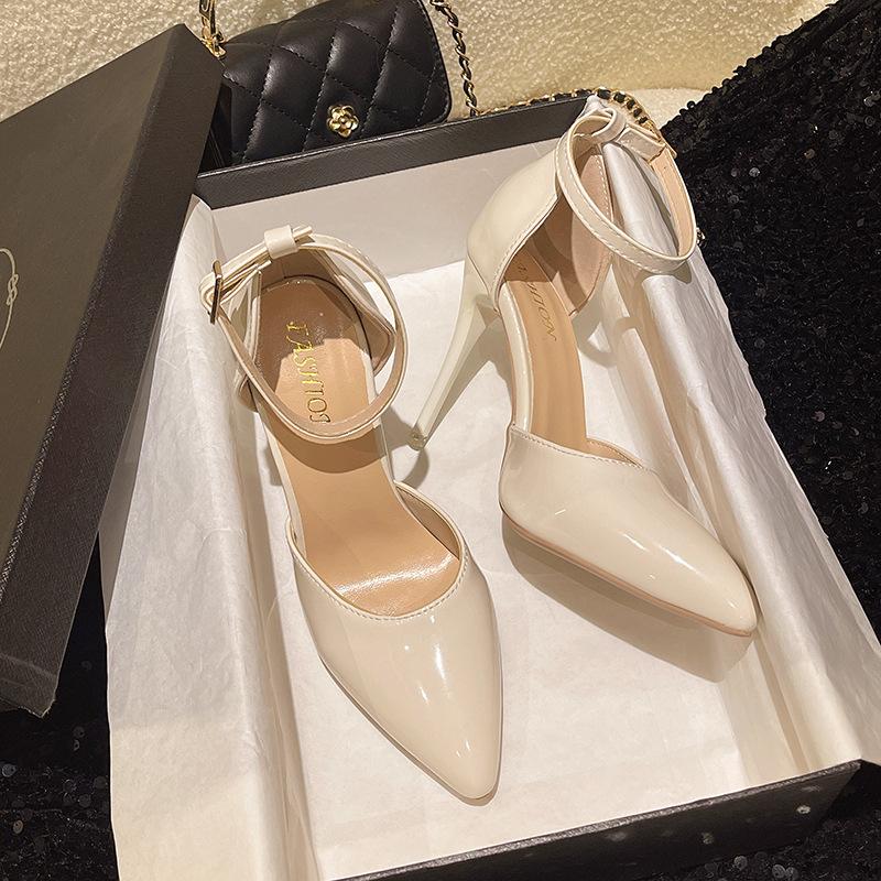 Mode Frühling Herbst Pumps für Damen Ausgehöhlt Spitz Zehenbereich Flacher Ausschnitt Pfennigabsatz Perle Knöchelschnalle Einfarbig Hoher Absatz Kleiderschuhe Damen