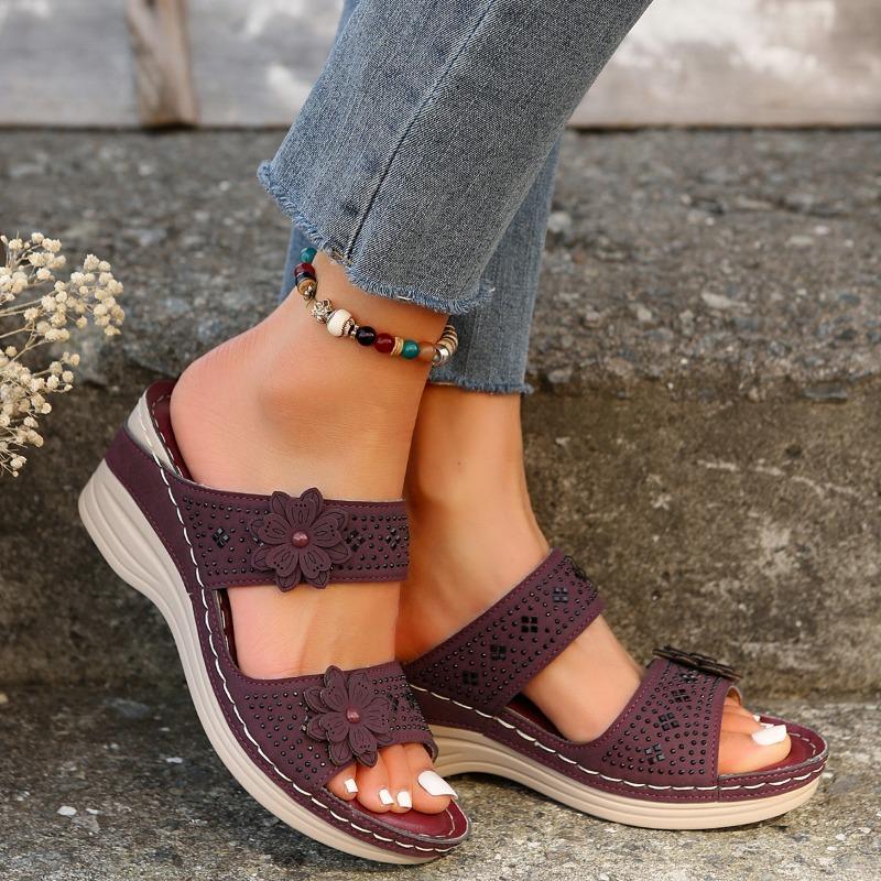Large Size Summer New Retro Casual Flower High Heel One-character Women's Wedge Heel Slippers Shoes
