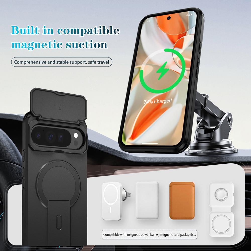 KEYSION Shockproof Magnetic Case for Google Pixel 9 10 Pro XL Slide Camera Protection Kickstand Phone Cover for Google Pixel 9A