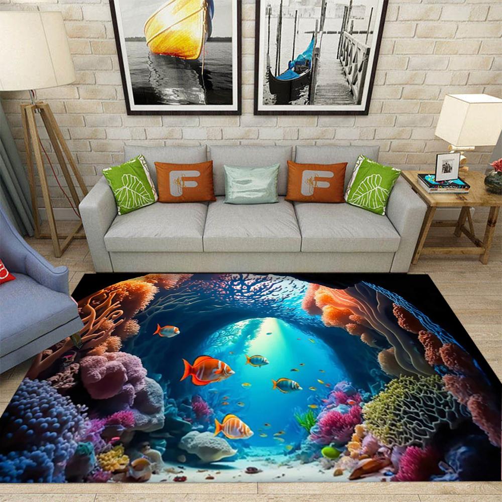 Vibrant Sea Turtle Area Rug Coral Reefs and Colorful Fish Living Room Bedroom Nature Inspired Decor Carpet Home Decoration Mat