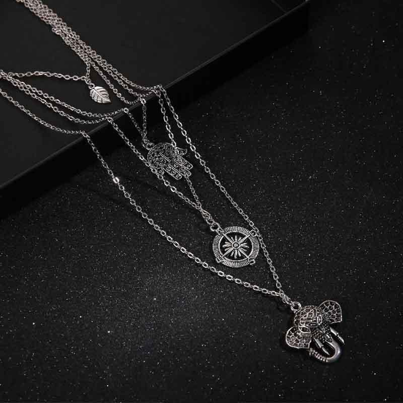 Fashion Boho Punk Retro Alloy Palm Sun Multilayer Necklace Leaf Elephant Pendant