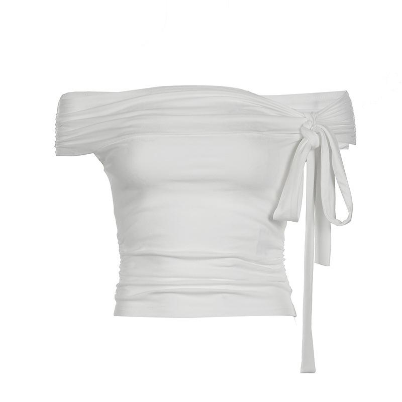 

Gentle Style Asymmetric Knotted Straps with One Shoulder Solid Color Top Pleated Waist and Slim and Versatile Short Sleeves S білий