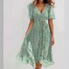 Rochie Maxi A-Line de Damă cu Gât Rotund, Mânecă Scurtă, Imprimeu 3D și Finisaj Spălat cu Nisip