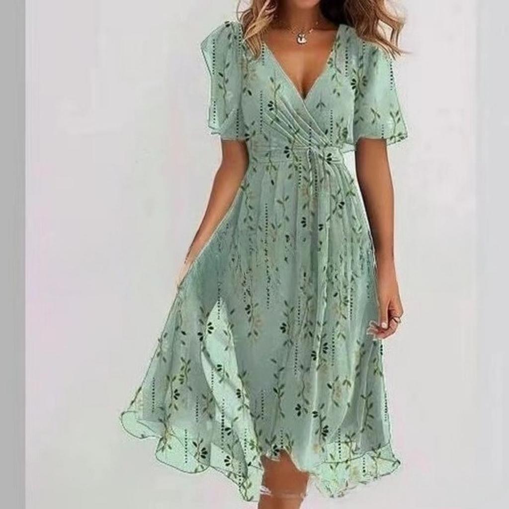 Rochie Maxi A-Line de Damă cu Gât Rotund, Mânecă Scurtă, Imprimeu 3D și Finisaj Spălat cu Nisip