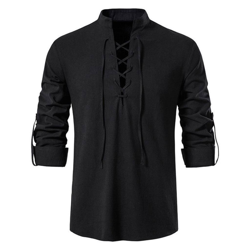 Herren Stehkragen Langarmhemd Baumwolle Henleys Shirt Hippie Lässig Strandhemd