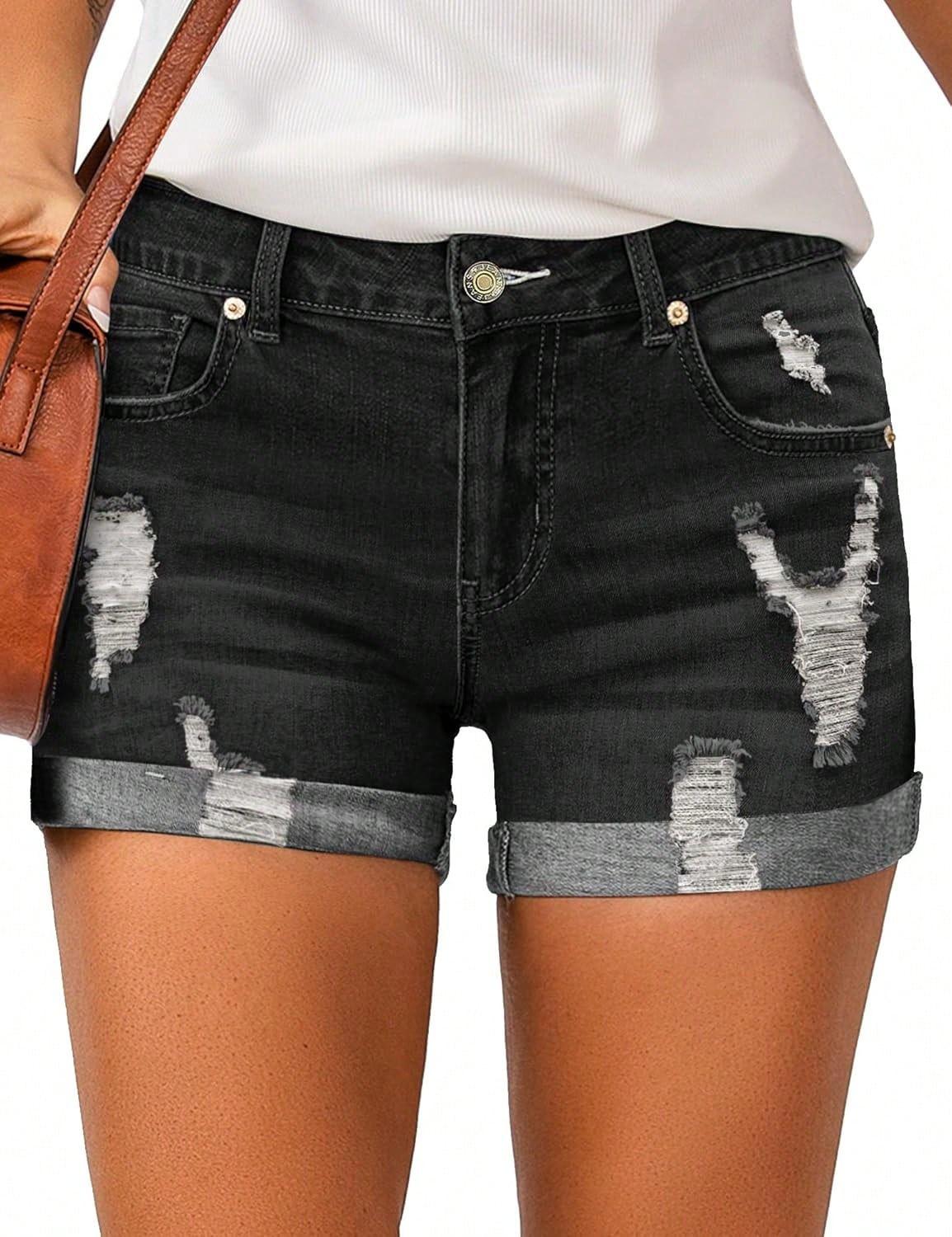 

European and American Street Style Ripped Women s Slimming Denim Shorts L чорний