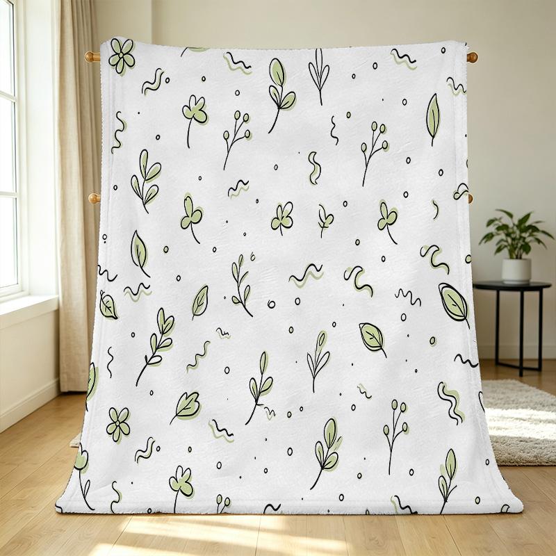 Cozy High-Density Fleece Blanket - Minimalist Green Plant Print, Soft Skin-Friendly Throw, for Home Relax, Halloween & Christmas Use