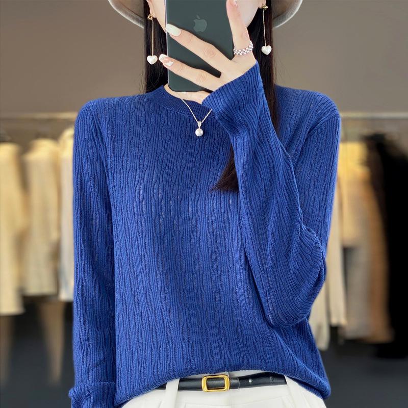 Round-neck Long-sleeved Women's Thin Loose Knitted Sweater, Exquisite Lantern-shaped Hollowed-out Knitted Top