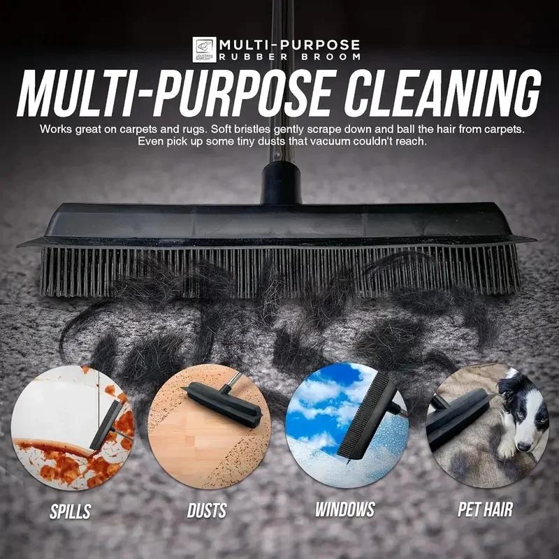 2Pcs Rubber Broom Carpet Rake with Squeegee Long Handle for Pet Hair Fur Remover Broom for Fluff Carpet Hardwood Floor