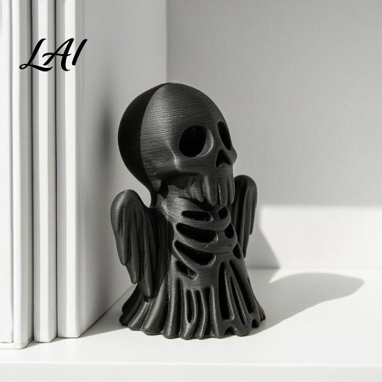 Retro Style Bone Texture Crafts 3D Printed Cthulhu Skull Statue Gothic Hollow Skeleton Decor Matte Black Desktop Storage for Paper Clips Horror