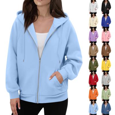 Women's Solid Color Casual Fashion Long Sleeve Zipper Hooded Sweatshirt Jacket