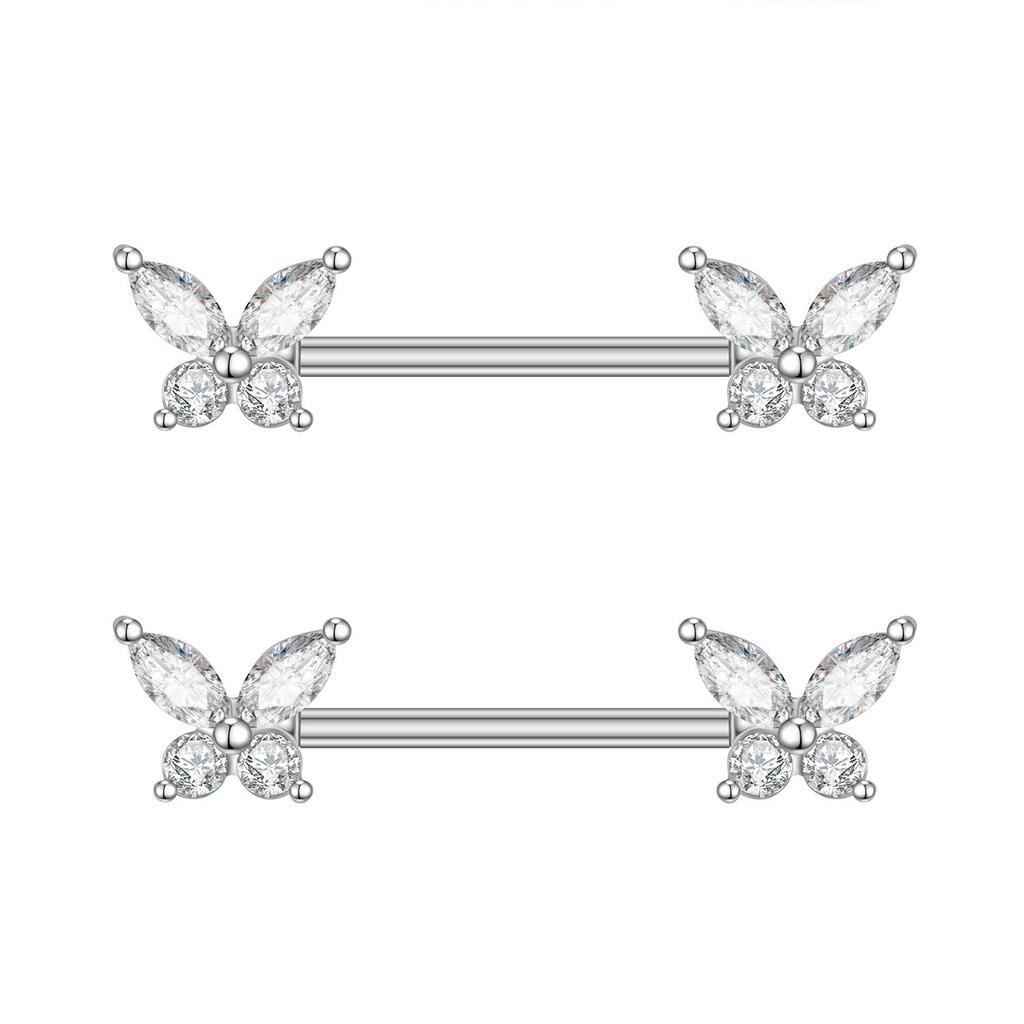 2pcs Butterfly Nipple Piercings Rings 16mm Length Bar Barbell Steel Crystal Nipple Shield Cover Heart Flower Tongue Body Jewelry