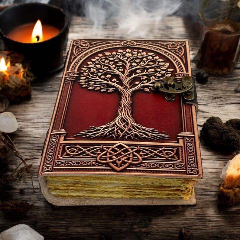 Large Grimoire Vintage leather journal, Tree of Life Fat Journal, Blank spell book of shadows Celestial Gifts For Him Her