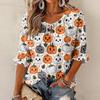 Women's Halloween Print Round Neck Tie Front Ruffle Three-Quarter Sleeve Blouse for Festive Party Wear