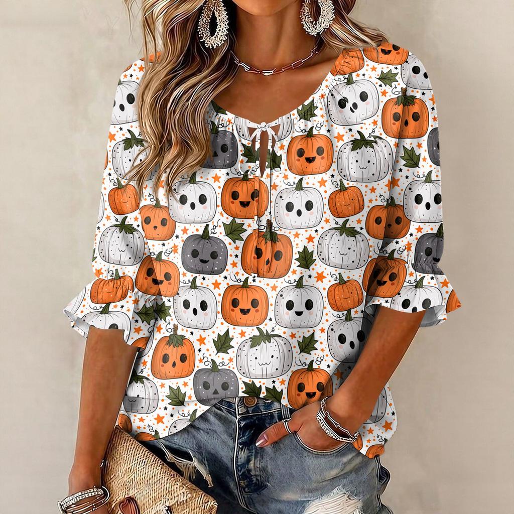 Women's Halloween Print Round Neck Tie Front Ruffle Three-Quarter Sleeve Blouse for Festive Party Wear