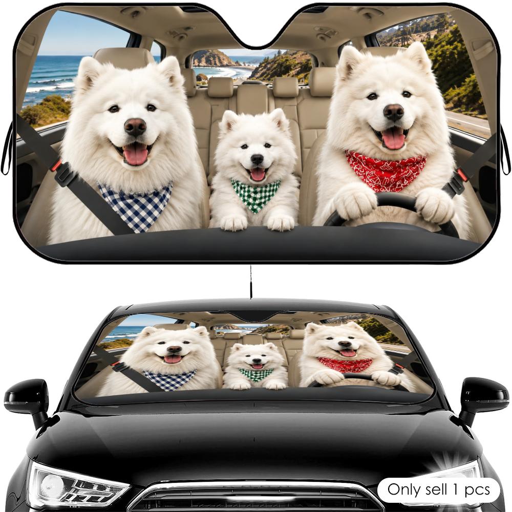 Funny Samoyed Driving Sun Visor Car Windshield Sun Shade UV Protection Heat Insulation Cover Universal Sun Protector