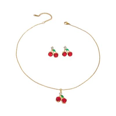 Trendy Fruit Design Copper Cherry Pendant Necklace With Matching Earrings Modern Jewelry Set for Daily Parties