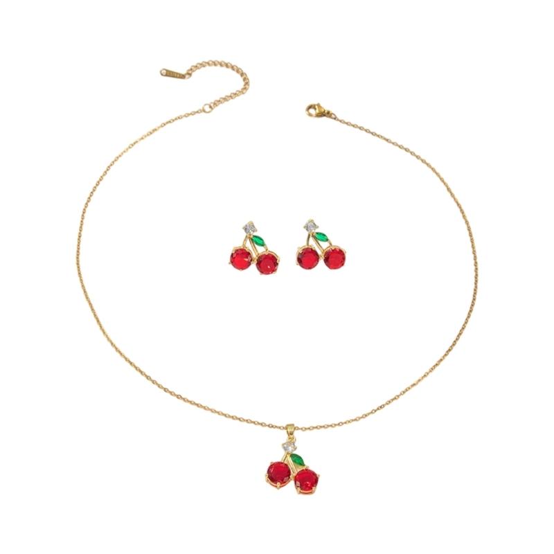 

Red Zircon Cherry Jewelry Set Elegant Collarbone Necklace And Studs Earrings Ear Ornament For Women Fashion Gift 1