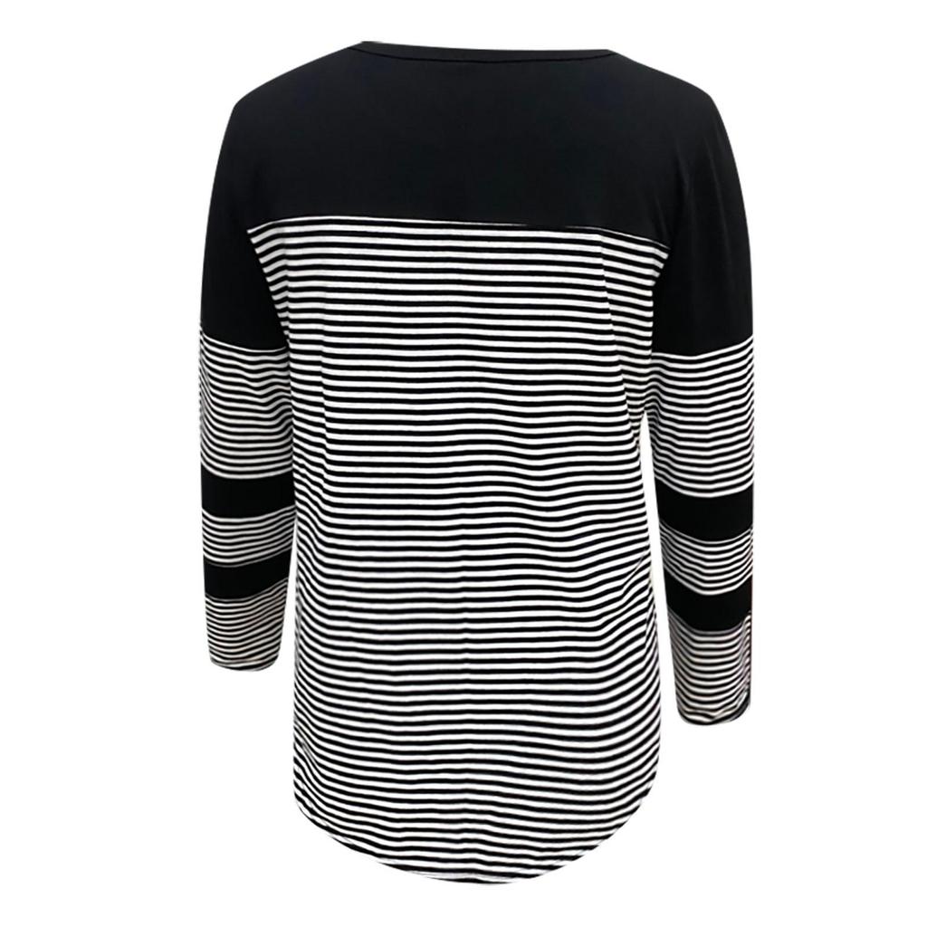 Women's Casual Round Neck Loose Collision Stripes Splicing Long-Sleeved Tops