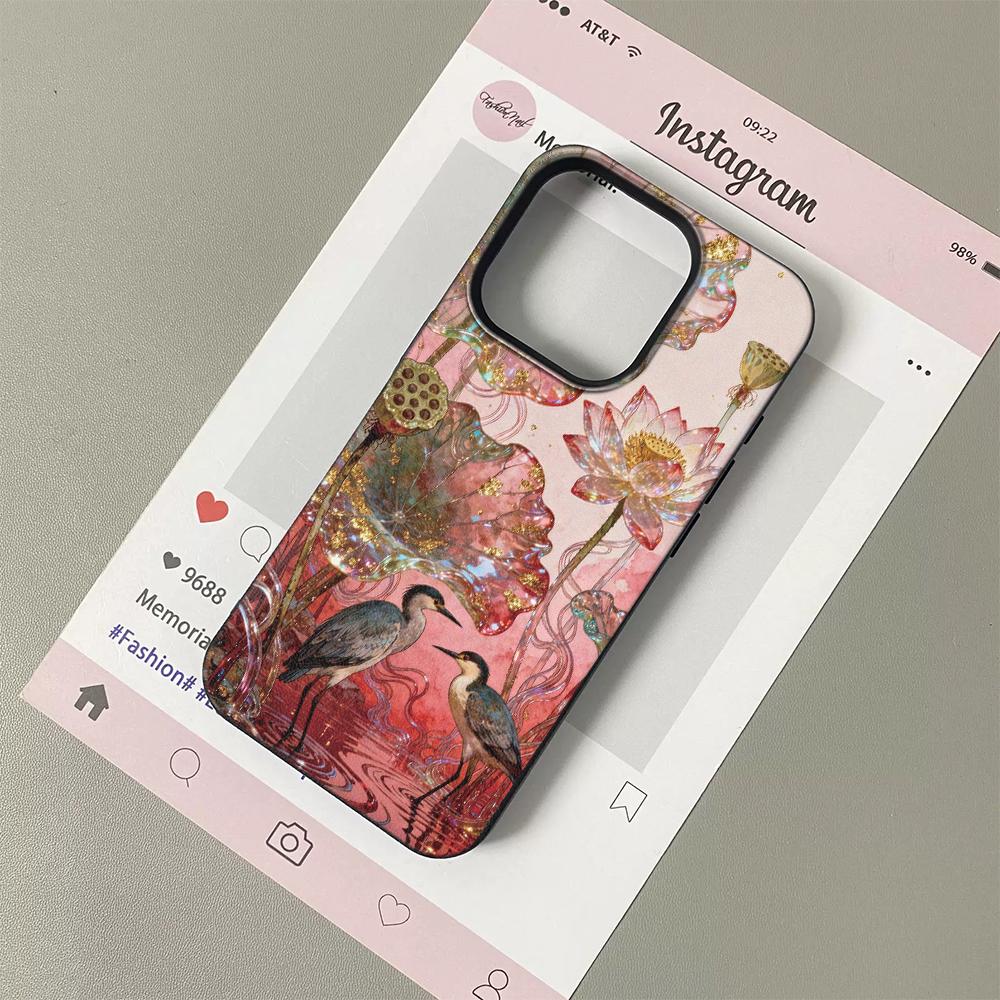 

Rose Gold Pink Lotus leaf Crane Pattern Silicone Phone Case For iPhone 17 16 15 14 13 12 11 Pro Max iPhone 16 Plus Cover Funda iPhone XR