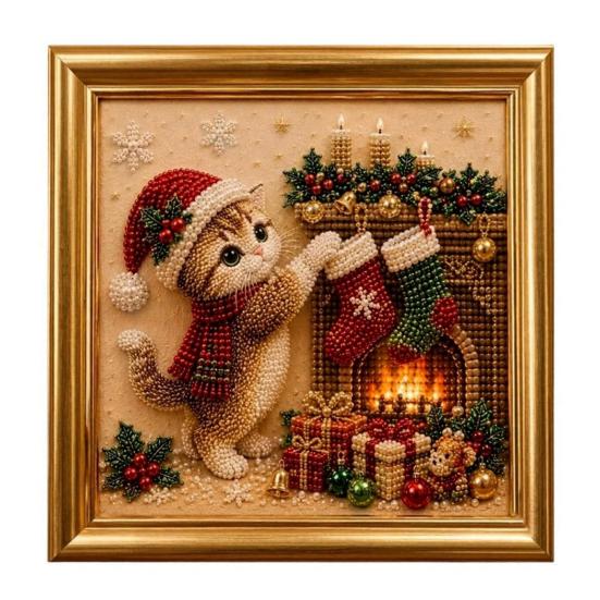 Faux Pearl Painting Kit for Adults Christmas Cat Art with Frame, Kitty DIY Embroidery Kit, 3D Bead Wall Craft Adults, Handmade Home Holiday