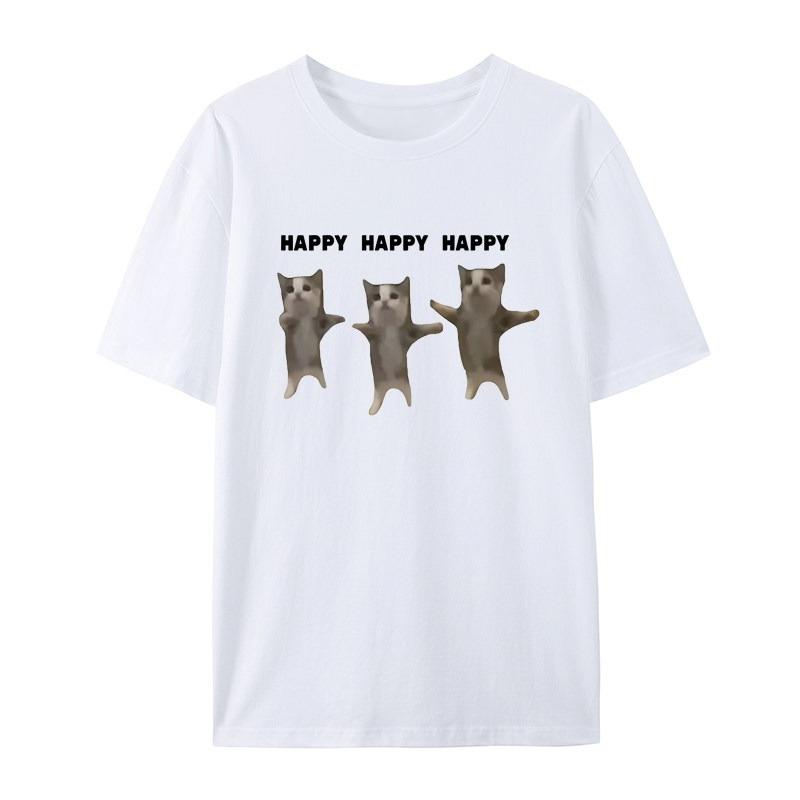 Cartoon Creative Happy Cat Casual TShirt Mens and Womens Luxury Brand Top