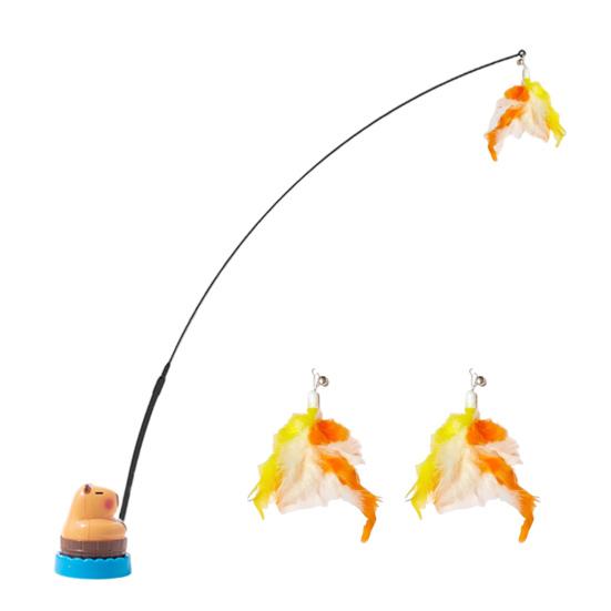 Interactive Cat Teaser Wand Cat Toy with Interchangeable Feathered Teaser Heads 360-Degree Rotating Capybara Base Flexible Cat Wand