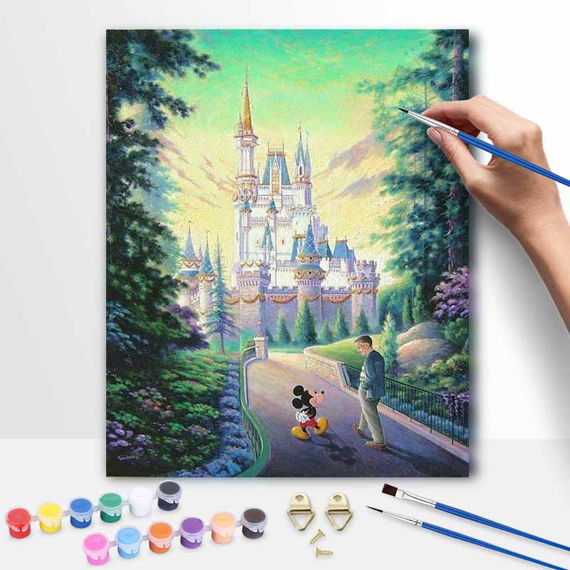 Disney oil painting Mickey Mouse and Walt Disney castle landscape painting art handmade diy painting home decoration gift 20x30cm