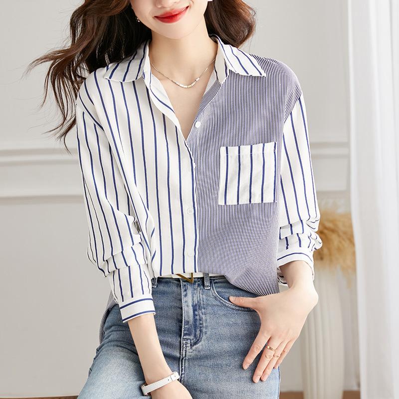 

Полосатая рубашка для женщин с длинным рукавом, весенний наряд, новый дизайн, нишевая одежда, универсальная рубашка XXL