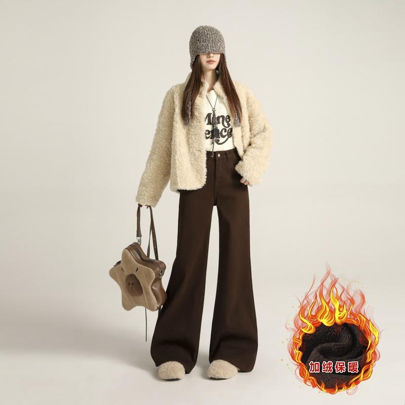 Retro horn jeans for women, autumn and winter new simple and versatile loose straight leg without leg pull pants