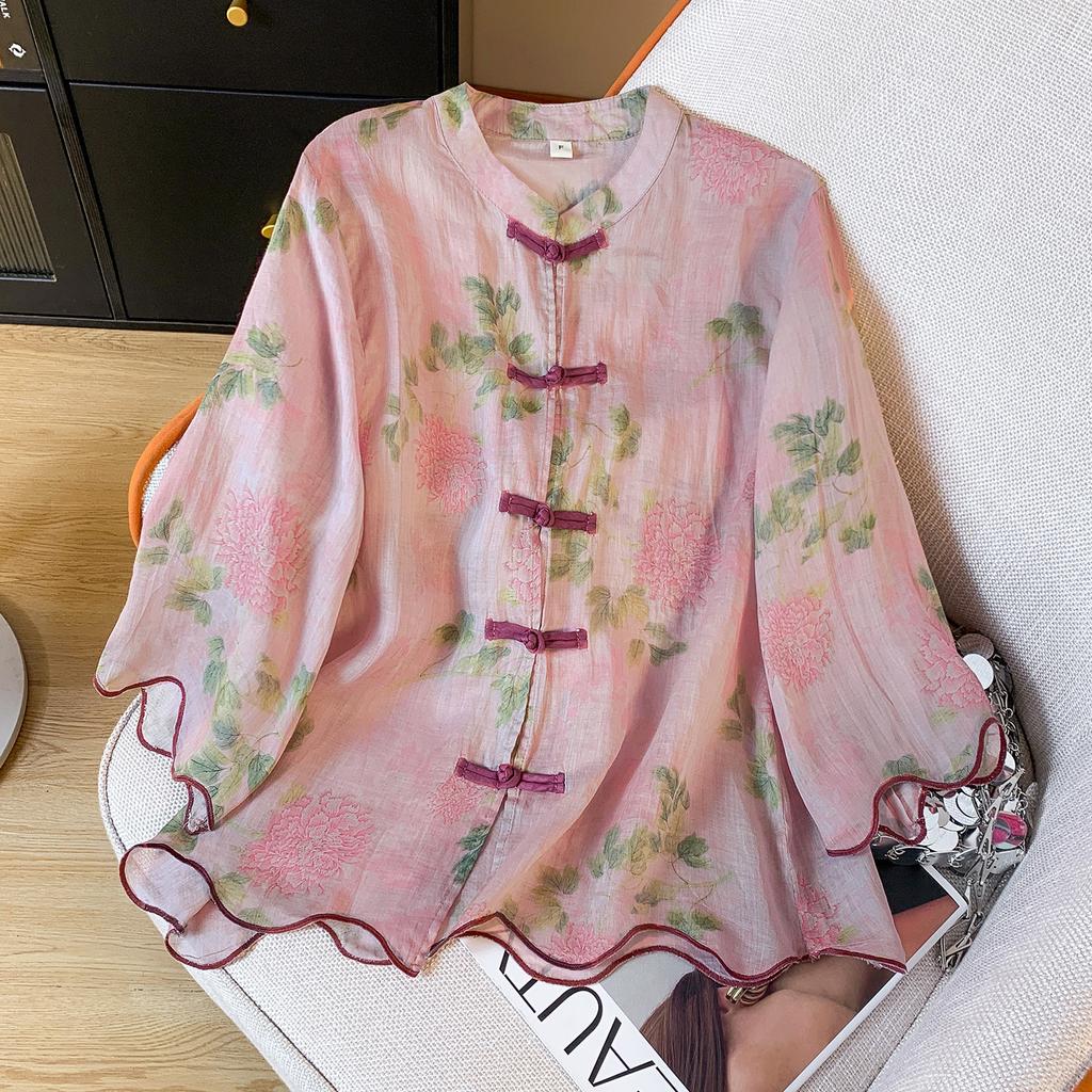 Retro printed cotton and linen shirt women's summer new medium round neck disc button seven-quarter sleeve zen cardigan top