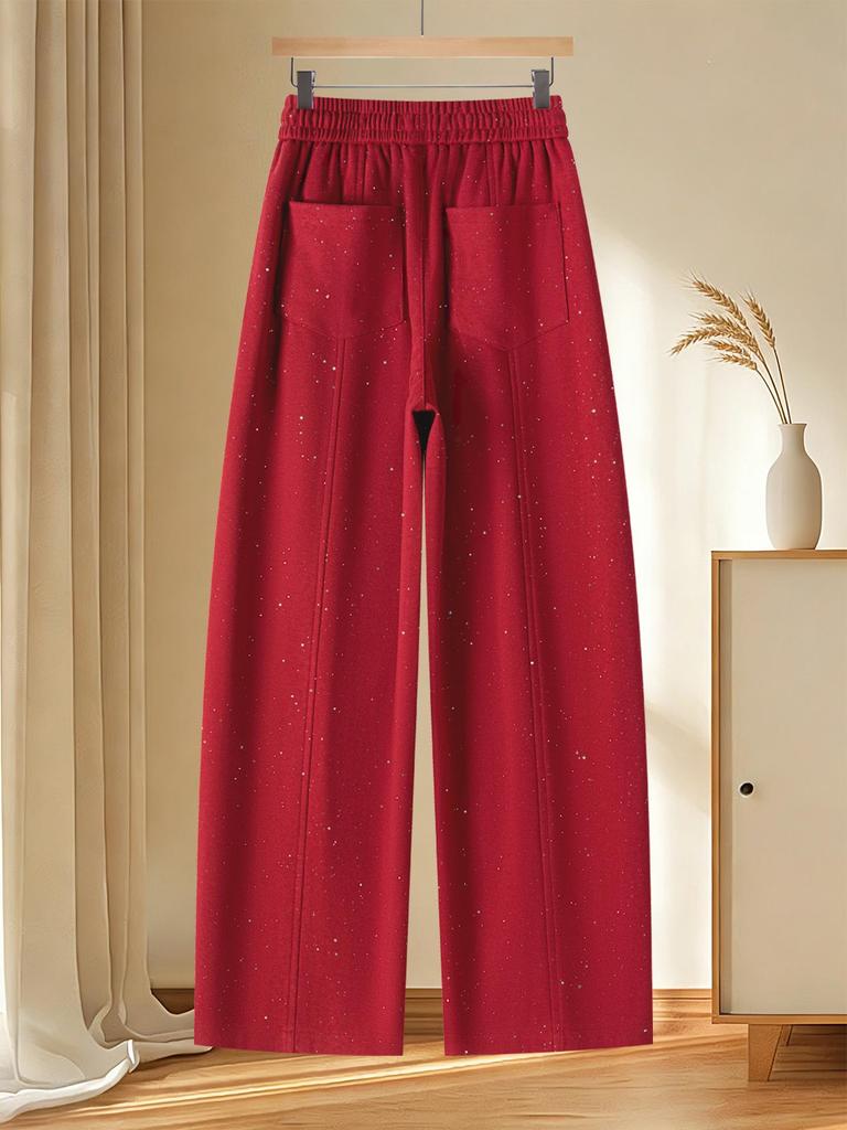 Spring 2026 Red Rhinestone Wide-Leg High-Waist Sweatpants for Women