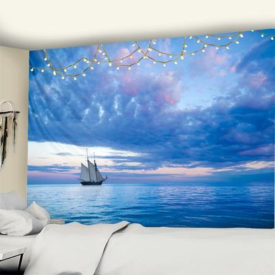 Blue Clouds Cartoon Animation Tapestry Wall Sky And Sea Hanging Tapestry Psychedelic For Home Landscape Ship Wall Cloth
