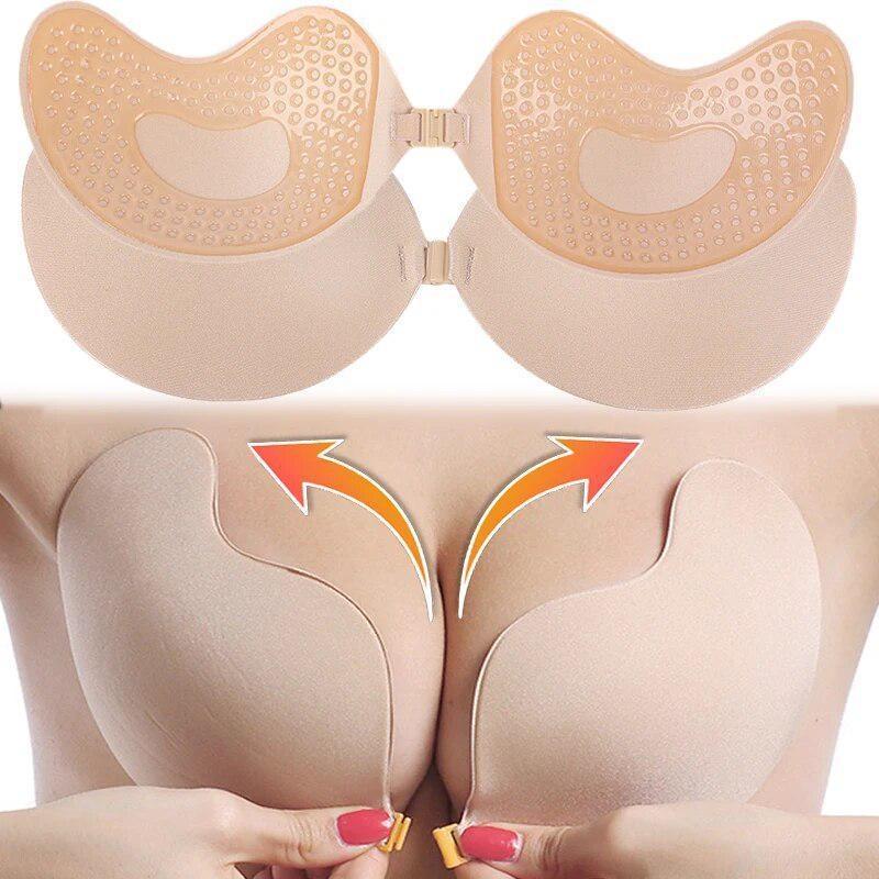 1 Pair Upgraded Breathable Adhesive Bra Invisible Backless Strapless Adhesive Gathering Bra for Women, Nude and Black