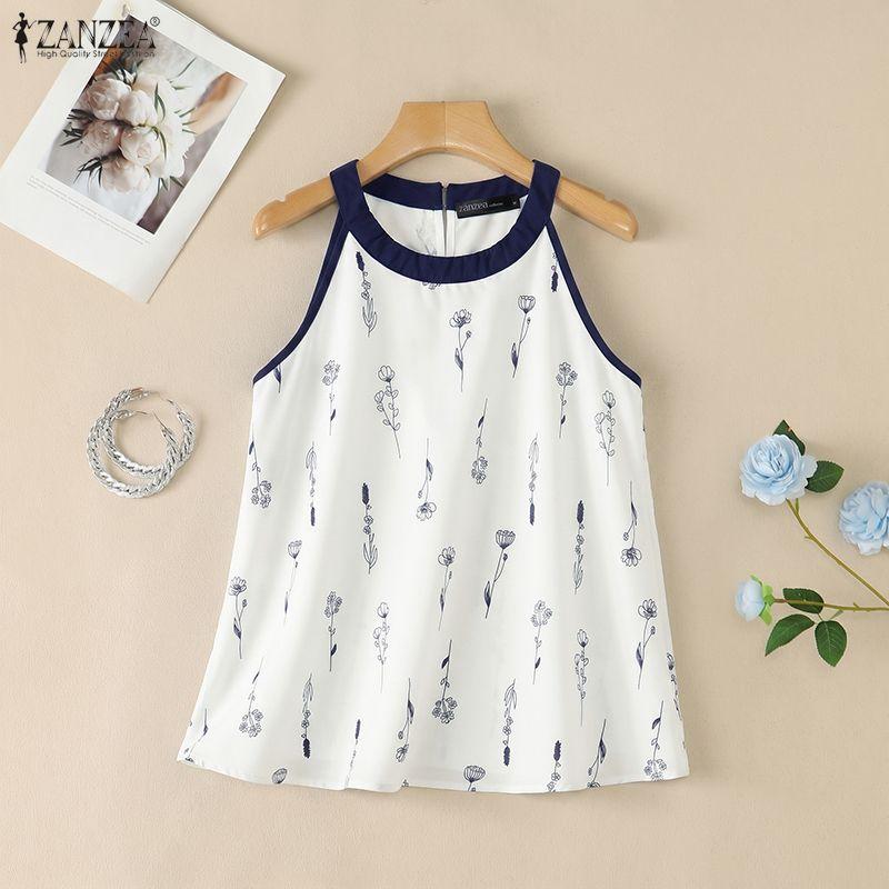 ZANZEA Women Summer Round Neck Casual Sleeveless Print Tank Tops