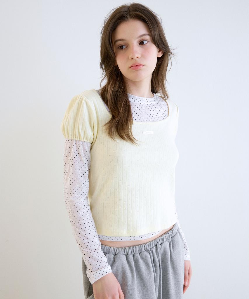 LETTER FROM MOON Square Neck Puff Short Sleeve Tee (Cream Yellow)