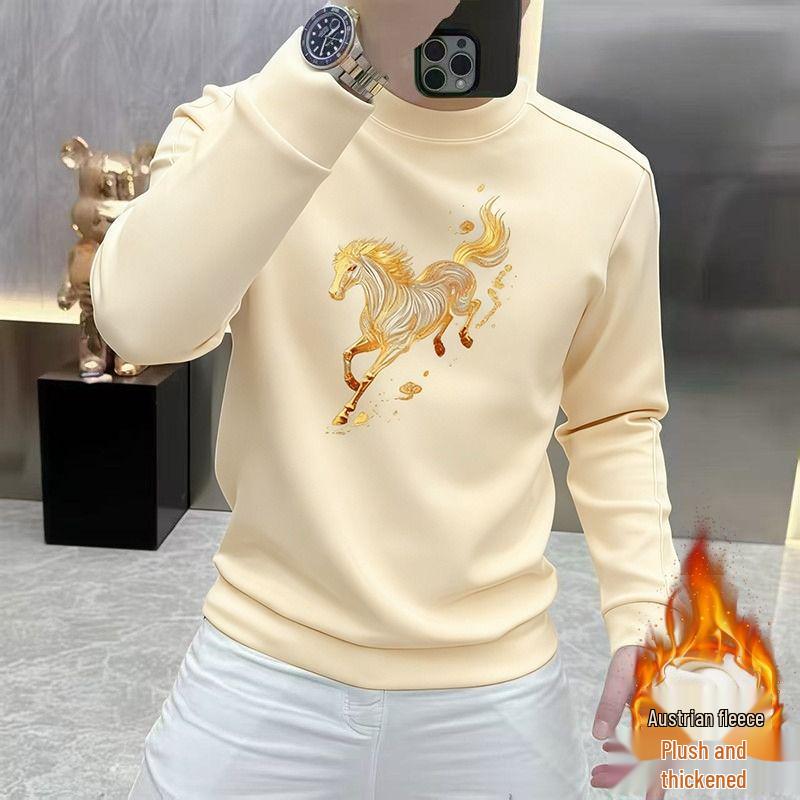 Men's Korean Style Year of the Horse Red Coral Fleece Hoodie, Thickened, Loose Fit, Pure Cotton, Round Neck, Autumn/Winter