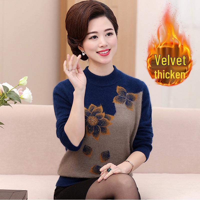 Plus Size Knitted Sweater for Women: Thickened Velvet Autumn and Winter Coat for Middle-Aged & Elderly