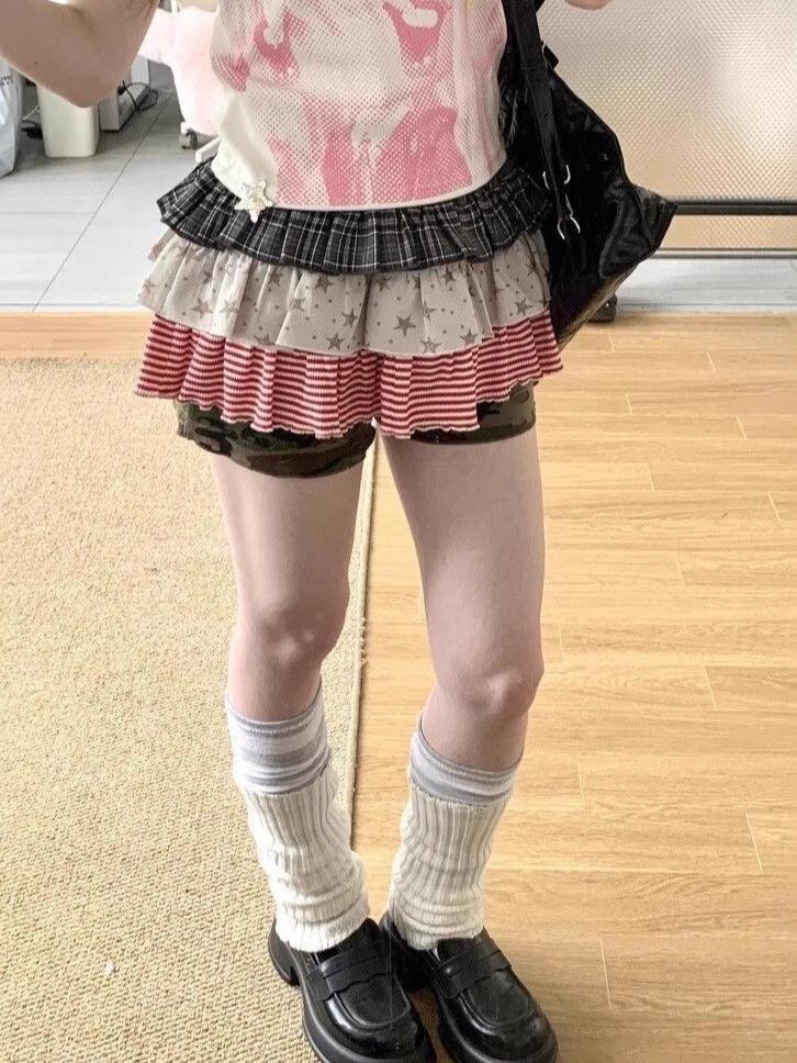 Y2K Patchwork Mini Skirt - Stripes, Plaid & Stars Print A-line Skirt