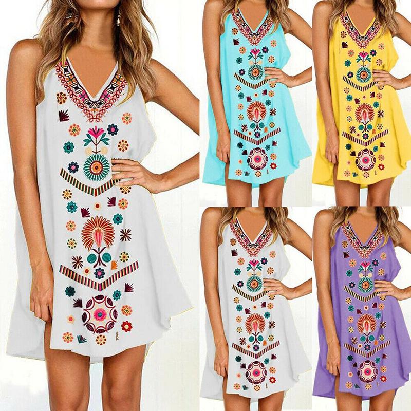 Womens Midi Dress Sleeveless Boho Beach Casual Floral Sundress Perfect For Summer