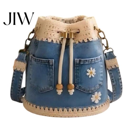 Stylish Commuter Handbag for Travel Denim Crochet Bucket Bag, Crossbody Bag with Daisy Embroidery, Boho Purse Drawstring Shoulder Women