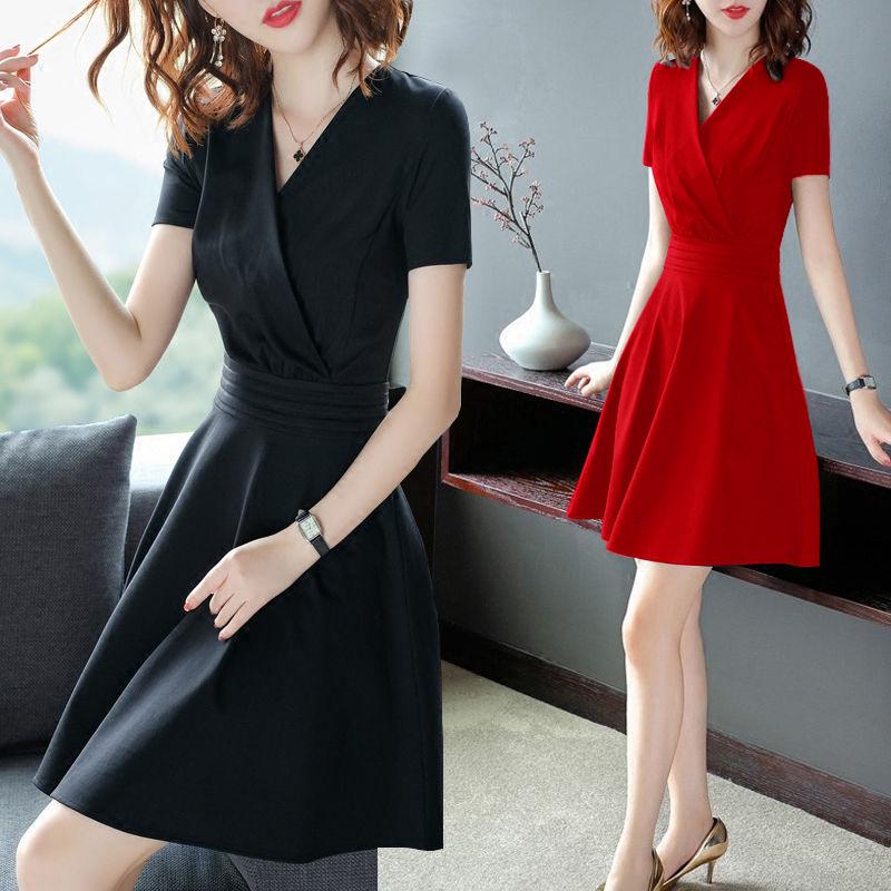 Vestido Mini de Manga Corta con Cuello en V, Línea A, Cintura Alta, Delgado, Elegante, Color Sólido, Poliéster, Pequeño Vestido Negro, Vestido Casual para Fiesta de Verano