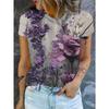 Women's Short Sleeved T-shirt, with a White Purple Background Painted with Three-dimensional Purple Flowers