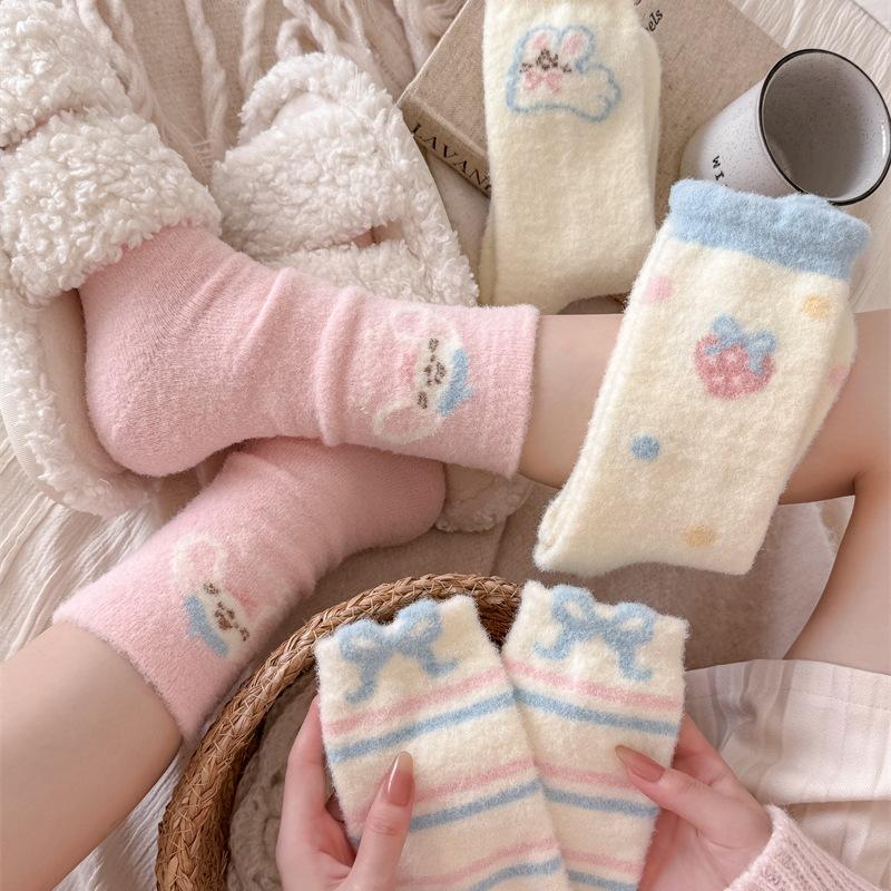 Female Autumn Winter Thickened Warm Strawberry Cartoon Rabbit Bow Sleep Floor Mid Tube Socks