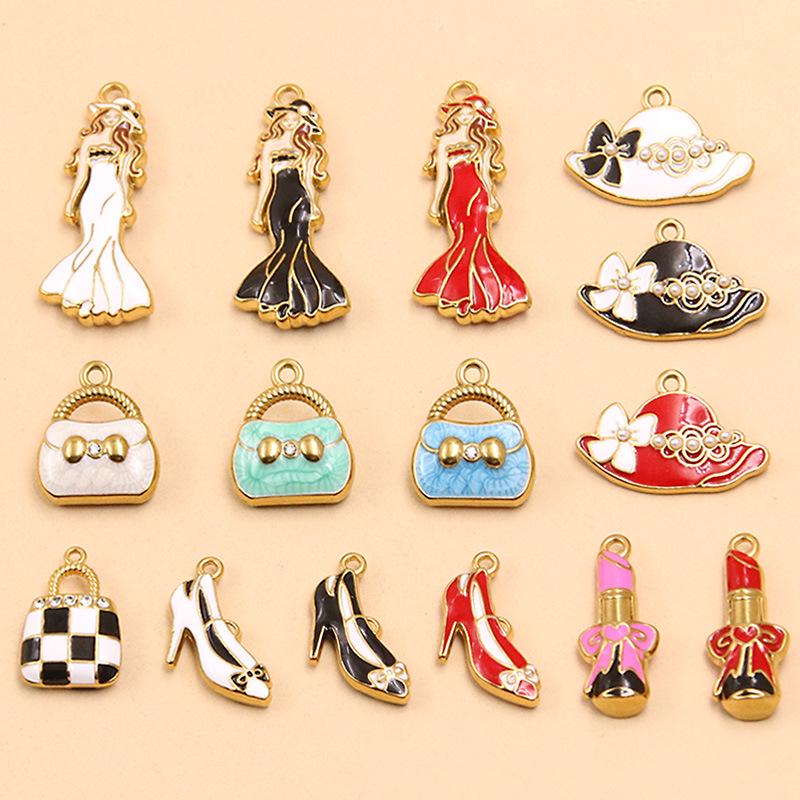 Gold-Enamel Double-Sided Stainless Steel Pendant with French-Style Beauty Accessories Design