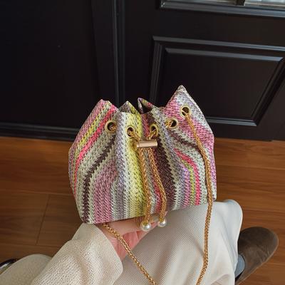Colorful Stripe Drawstring Design Shoulder Bags for Women Simple Ladies Chain Crossbody Bag Portable Female Woven Bucket Handbag