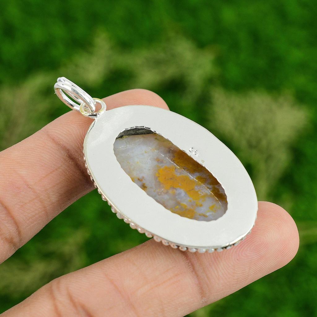 Daughters Day Sale 925 Silver Oval Polka Dot Agate Gemstone Birthday New Pendant
