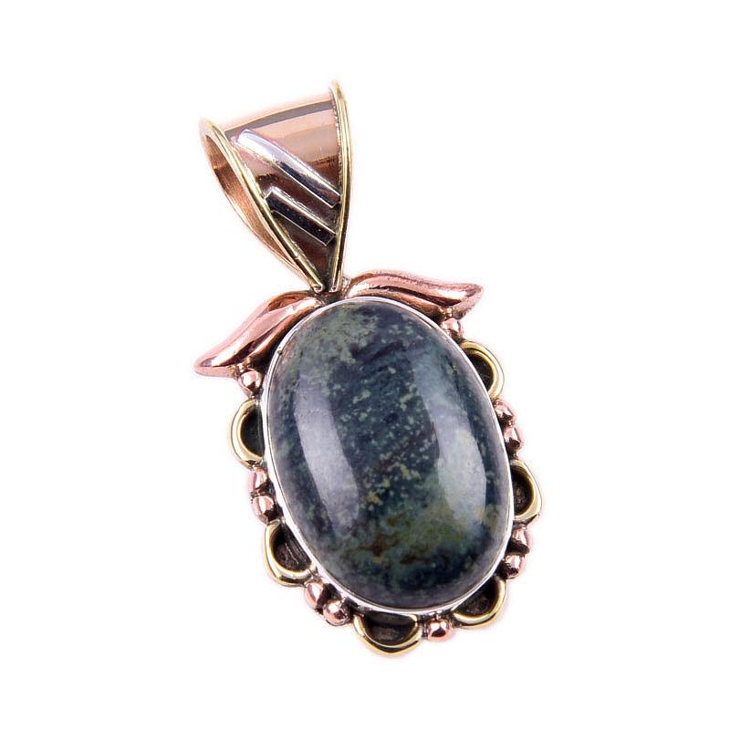 Natural Green Pietersite Gemstone 925 Solid Silver Two Tone Pendant 1.25" t3B46