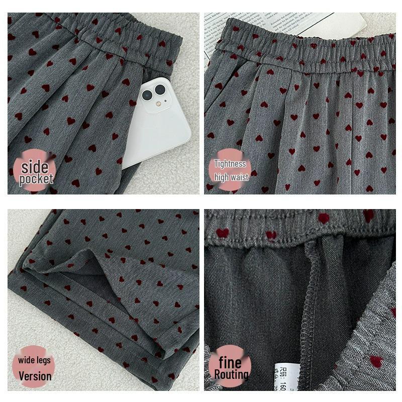 Dark Grey Heart Pattern Wide Leg High Waist Petite Women's Trousers - Spring/Summer Casual Straight Leg Floor Length Pants