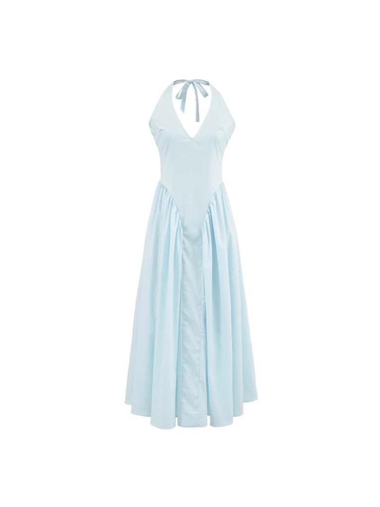 French Socialite Summer Halterneck Deep V-Neck Pleated Dress